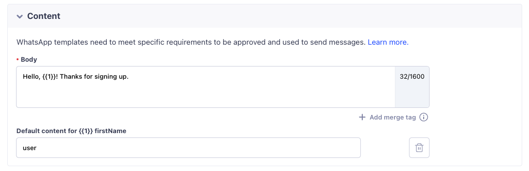 Using merge tags with a WhatsApp message Using merge tags with a WhatsApp message